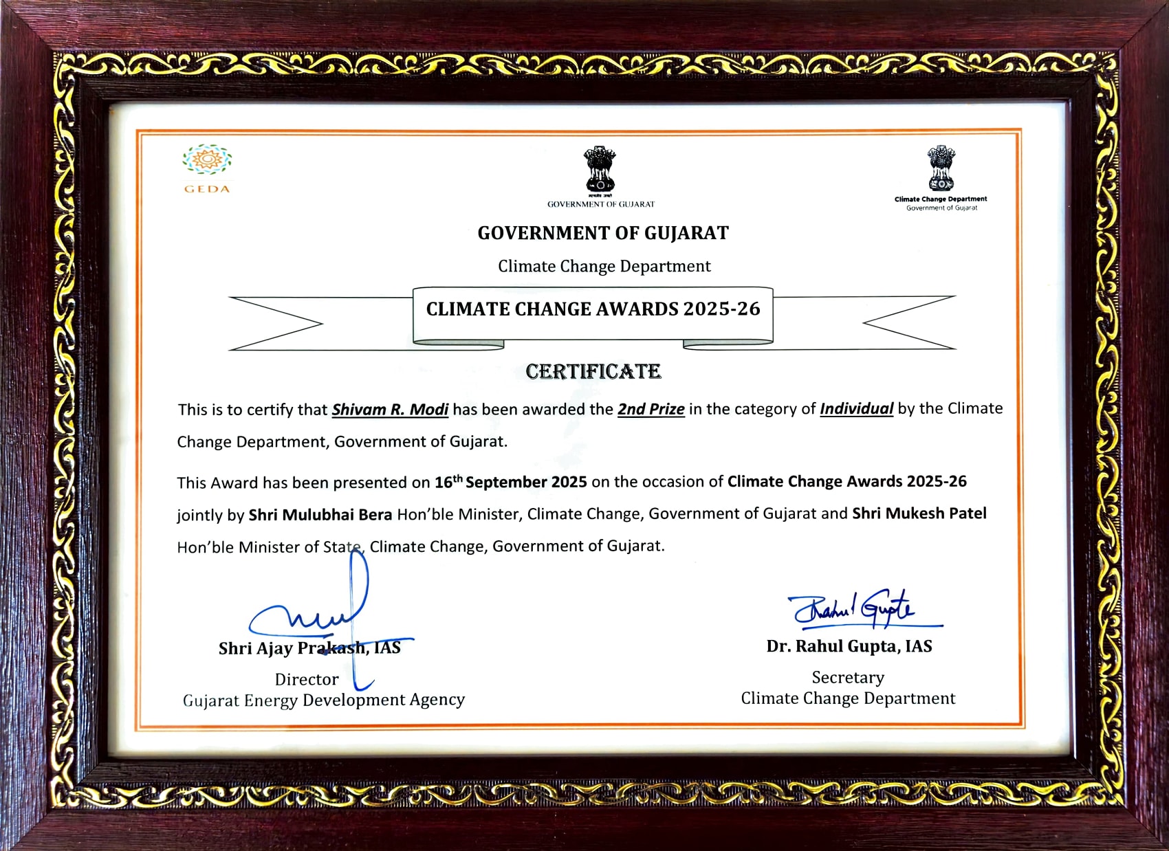 “ક્લાઇમેટ ચેન્જ એવોર્ડ 2025” થી શ્રી શિવમ રાજેશકુમાર મોદી (લેક્ચરર, મિકેનીકલ) સન્માનિત